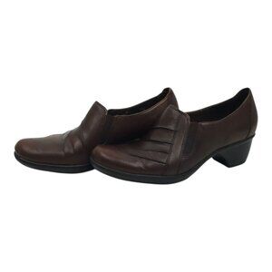 Clarks Partridge Block Heel Shoes Womens Size 9 Comfort Brown Leather Slip On